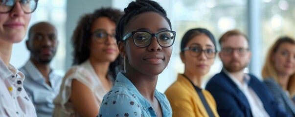 Group of diverse employees attending a training session, office diversity, professional development