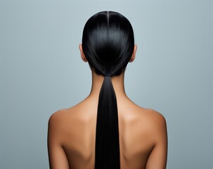 Back View of a Woman with Sleek Black Hair in a Low Ponytail, Elegant Hairstyling Natural Beauty 