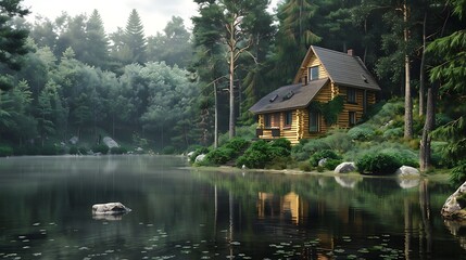 Obraz premium A light wooden cottage in the forest near a serene lake very detailed and realistic shape