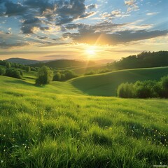 Naklejka premium Sunset over rolling green hills