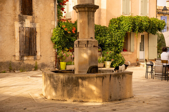 Fototapeta Idyllic square with fountain in Villars, Provence, France. A small dog stands at the edge of the fountain and drinks the water