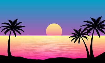 landscape view of the beach in the afternoon with sunset and palm silhouettes