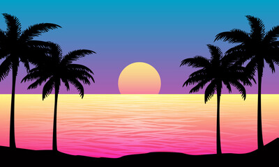 landscape view of the beach in the afternoon with sunset and palm silhouettes