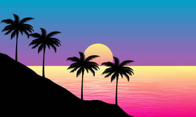 landscape view of the beach in the afternoon with sunset and palm silhouettes
