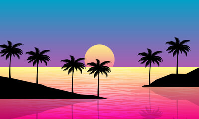 landscape view of the beach in the afternoon with sunset and palm silhouettes