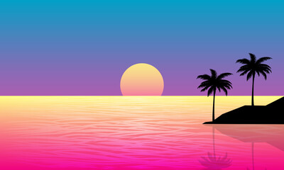 landscape view of the beach in the afternoon with sunset and palm silhouettes