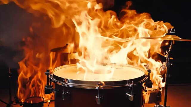 Fiery drum set ablaze in dramatic performance scene