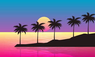 landscape view of the beach in the afternoon with sunset and palm silhouettes