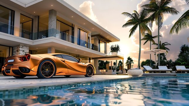 Achieving Financial Independence with Luxurious Lifestyle Elements - Money, Modern Home, Luxury Vehicle, Globe, Fitness