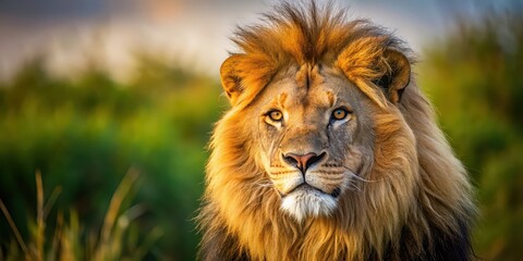 Fototapeta premium Close up photo of a majestic lion in the wild, lion, wildlife, wild, animal, nature, safari, Africa, predator, mane
