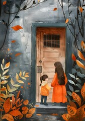 Obraz premium Two Girls Standing In Front Of A Door In Autumn