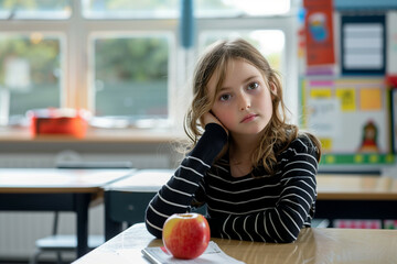 Thoughtful Young Schoolgirl Seated at a Classroom Desk, Resting Her Head on Her Hand with an Apple Nearby, a Depiction of Reflective Student Life in an Educational Environment