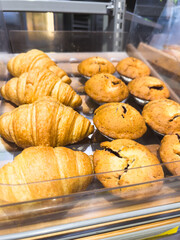 Fresh pastries on display in a cafe