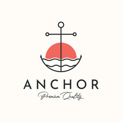 marine anchor line art logo vector minimalist illustration design, ship anchor with sun nature symbol design © Asnada