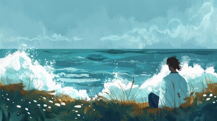 An illustration of a person sitting by the ocean watching the waves crash reflecting on life and conveying the emotion of contemplation and introspection