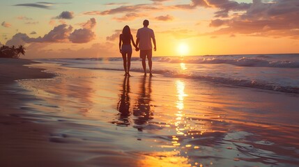 A couple is walking on the beach holding hands with the sunset in the background