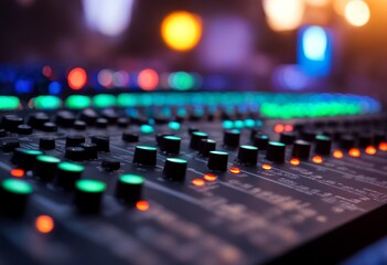 controls background vibrant audio event live an sun glows sets concert console mixing equipment closeup mixer sound engineering audience stage soundboard knob festival