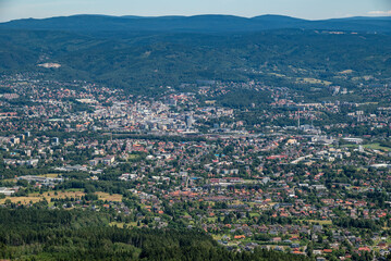 Aerial view of the city of Liberec in Czech republic from the peak of Jested mountain and famous Jested tower