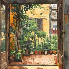 Indoor plants in pots on a sunny terrace