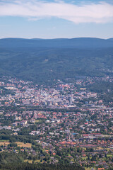 Aerial view of the city of Liberec in Czech republic from the peak of Jested mountain and famous Jested tower