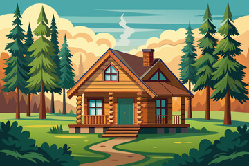 Old wooden cottage house in the illustration