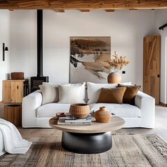 Stylish rustic living room with a white sofa, wooden coffee table and wood stove. The space is filled with natural elements like brown pillows, floral arrangements in an earthenware jar on the round