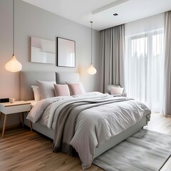 Fototapeta premium A modern bedroom with soft lighting, large bed, wooden floors and light grey headboard. The room has an elegant interior design featuring neutral tones like beige walls, white ceiling and floor to