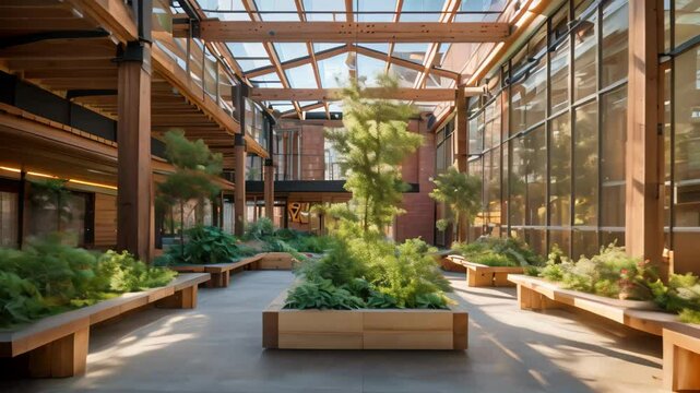 Courtyard featuring benches and plants enclosed within a glass building, Explore the concept of adaptive reuse by repurposing an existing building for sustainable practices