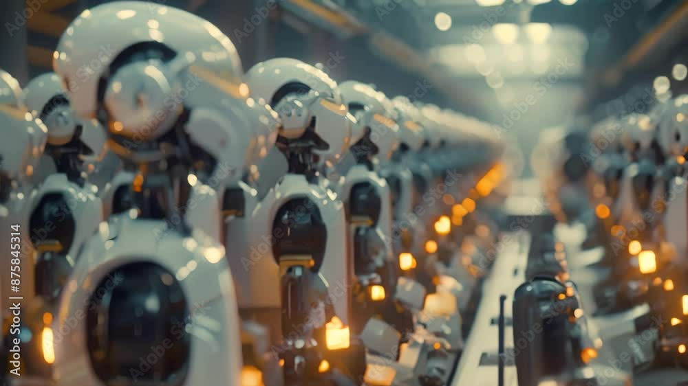 Poster A row of robotic arms working in unison on an assembly line in a manufacturing facility, Explore the concept of artificial intelligence replacing traditional human labor