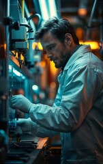 Fototapeta premium A technician wearing a lab coat and gloves works on a complex machine in a brightly lit industrial setting.