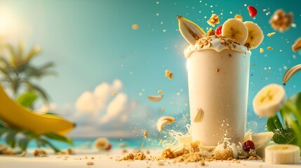 A banana smoothie, being poured into a glass.