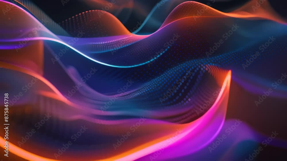 Poster an abstract representation of an orange and blue wave merging and intertwining in a dynamic pattern,