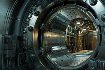 A large metal door to the shelter stands in a dark, damp tunnel.