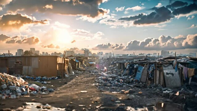 A view of a crowded slum area contrasted against the sky above, Explore the concept of economic inequality through contrasting videory