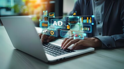 A digital advertising expert is creating an advertising campaign on their laptop. Digital marketing commerce online sale concept