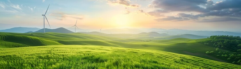 Obraz premium Wind turbines in a lush green field under a bright sky.