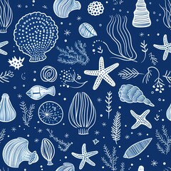 Seamless pattern with seashells, seaweed, jellyfish, fish and starfishes. Marine dark blue background. For printing, fabric, textile, manufacturing, wallpapers. Under the sea