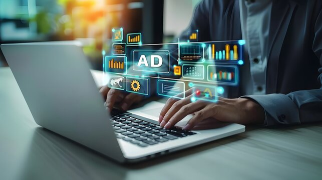 A digital advertising expert is creating an advertising campaign on their laptop. Digital marketing commerce online sale concept