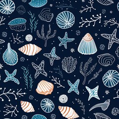 Seamless pattern with seashells, seaweed, jellyfish, fish and starfishes. Marine dark blue background. For printing, fabric, textile, manufacturing, wallpapers. Under the sea