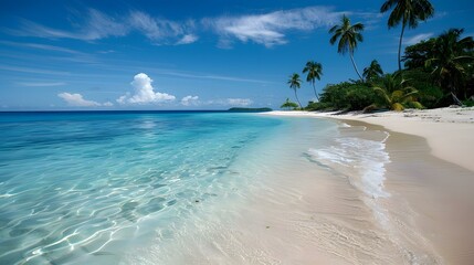 The beach is clean and beautiful, with palm trees and white sand.