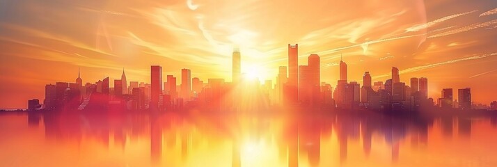 Fototapeta premium City Downtown Sunrise, Sunny Skylines in Morning, Sunset Buildings Silhouettes, Warm Color