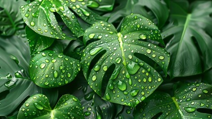 Fototapeta premium Close-up of lush green monstera leaves with raindrops for a tropical aesthetic