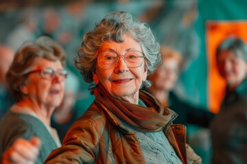 Obraz premium Joyful Elderly Woman Dancing at a Social Event with Friends in the Background