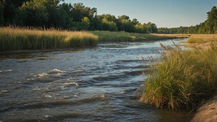A wide river with a sandy shoreline and tall grasses