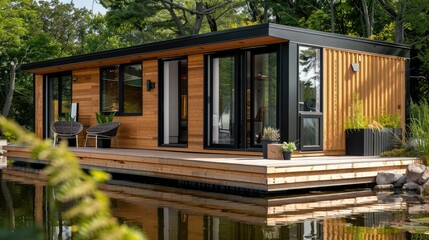 Fototapeta premium Modern shipping container house home, tiny house near lake in sunny day. Shipping container houses is sustainable, eco-friendly living accommodation or holiday home