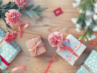 gift box on table with collection of items and decoration arround