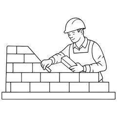 a mason building a wall with bricks in a line art style for a vector illustration