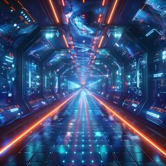 Fototapeta premium Futuristic spaceship interior with glowing lights and control panels