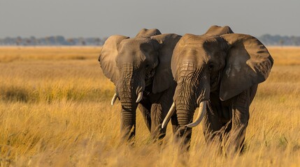 Obraz premium Two elephants walking through the tall grass in the African savanna