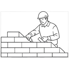 a mason building a wall with bricks in a line art style for a vector illustration